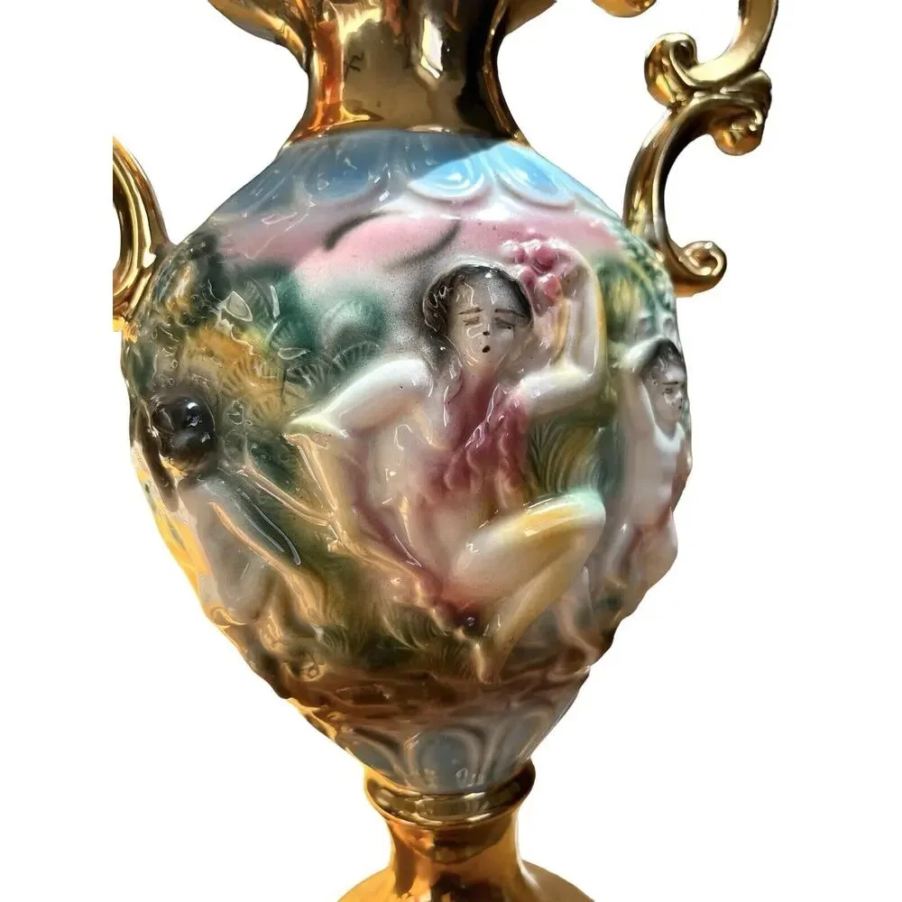 Vintage Vase Made in Italy Cherub 3d Gold Handles Hand Decorated White Elegant